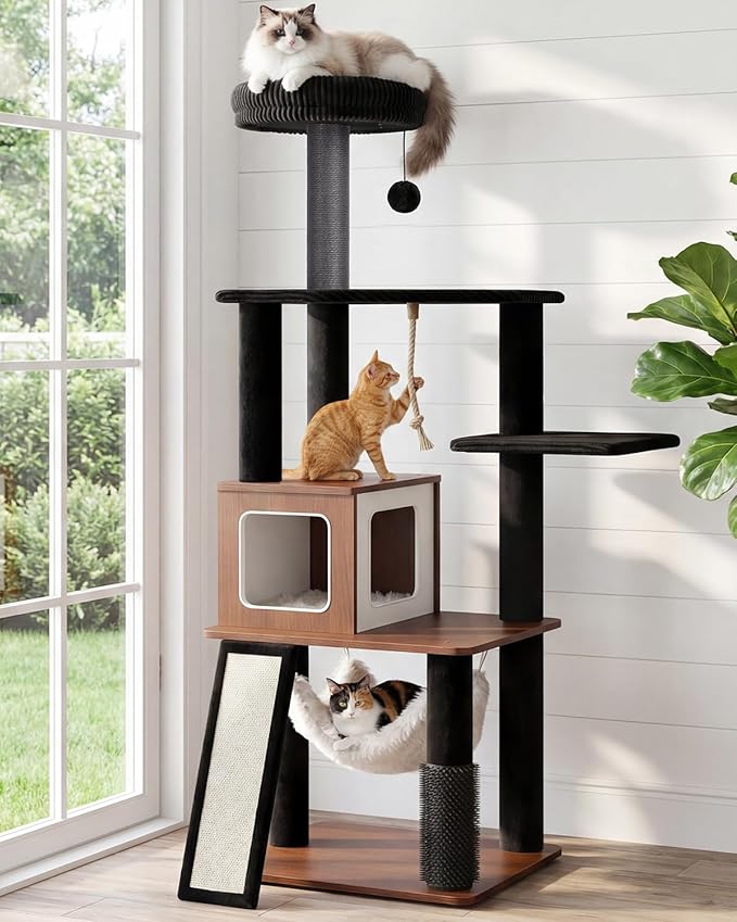 61" Modern Cat Tree, Tall Cat Tower with Self-Grooming Brush | Removable Washable Cushion, Pyramid Anti-Tip Base, Cat Furniture, Cozy Cat Condo, Sisal Scratching Post, Multi-Cat Household