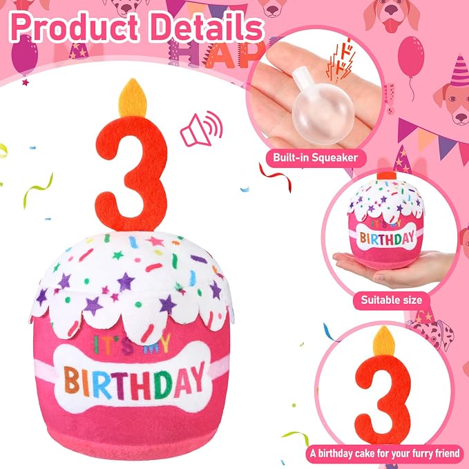 Dansydaisy Dog Birthday Cake Toy Accessories for Girl Boy Gifts, Squeaky Plush Toy for Dog Birthday Party Decor Favor for Large, Medium and Small Dogs(3rd,Pink)