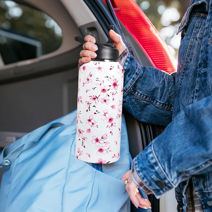 32oz Cherry Blossoms Flip Stainless Insulated Aater Water Bottle with Straw,Pink Cherry Blossoms Floral Gym Hiking Sports Coffee Mug Cup Water Bottles,Cherry Blossoms Decor Stuff Accessories
