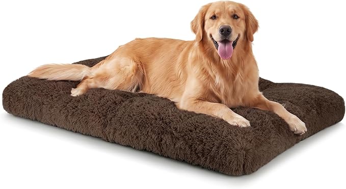 JOEJOY Large Dog Bed Crate Pad, Deluxe Plush Washable Dog Beds Fulffy Soft Kennel Pad Anti-Slip Pet Sleeping Mat for Extra Large Medium Small Dogs, 44" x 32", Brown