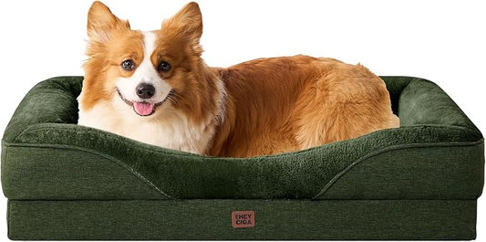 EHEYCIGA Orthopedic Dog Bed for Medium Dog, 35x22x6.5 Inch Memory Foam Dog Couch Bed with Sides, Waterproof Liner & Washable Removable Cover, Bolster Pet Sofa, Dark Green