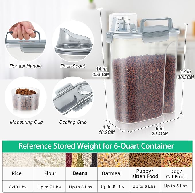 TBMax Rice Container 10 Lbs, Cereal Container Oatmeal Storage, Airtight Food Dispenser with Pouring Spout & Cup for Flour Grain Beans, Pet Dog Cat Food Storage Container-Translucent Grey