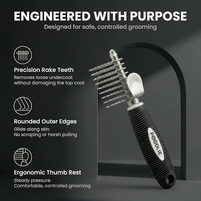 Poodle Dematting Fur Rake Comb Brush for Dogs and Cats - Long 2.5" Steel Safety Blades Metal Comb for Detangling Matted or Knotted Undercoat Hair