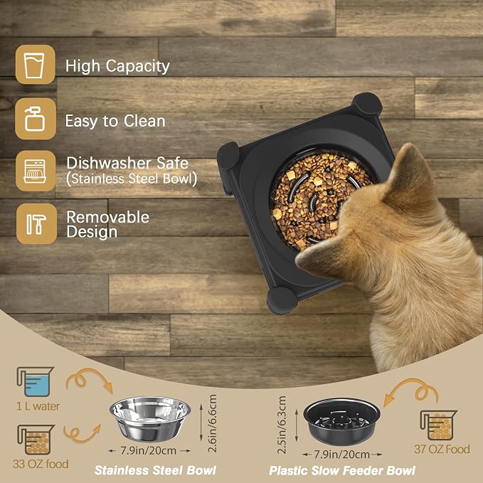 Lewondr Elevated Slow Feeder Dog Bowls with 3 Heights Adjustable Stand | Stainless Steel & Slow Feeder Bowls, Adjustable Dog Slow Feeder Bowl Non-Slip Dog Bowl Stand for Medium Large Breed