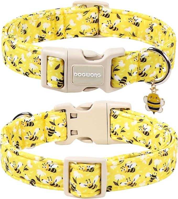 DOGWONG Cute Cotton Dog Collar for Small Medium Large Dogs Cute Yellow Bee Dog Collar for Boy Girl Dogs,M