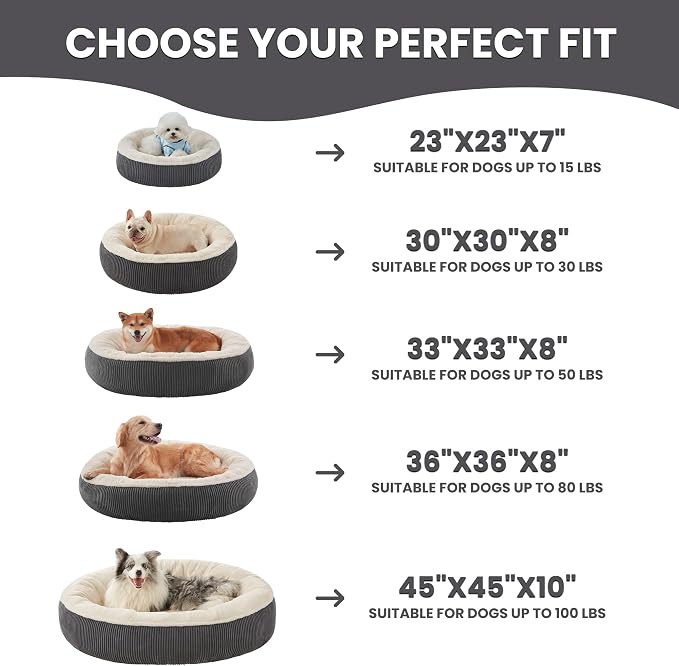 33 inches Donut Dog Bed for Medium Large Dogs,Calming Round Pet Bed with Removable & Washable Cover,Plush Faux Fur & Corduroy, Fits up to 50 lbs Pets(Dark Grey,M Plus)