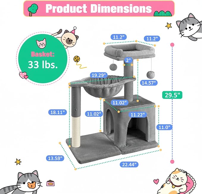 Allewie 29.5in Indoor Cat Tree, Multi-Level Cat Tower with Sisal Scratching Posts, Padded Perch, Basket, Condo, and Hanging Ball, Suitable for Kittens and Adult Felines, Grey
