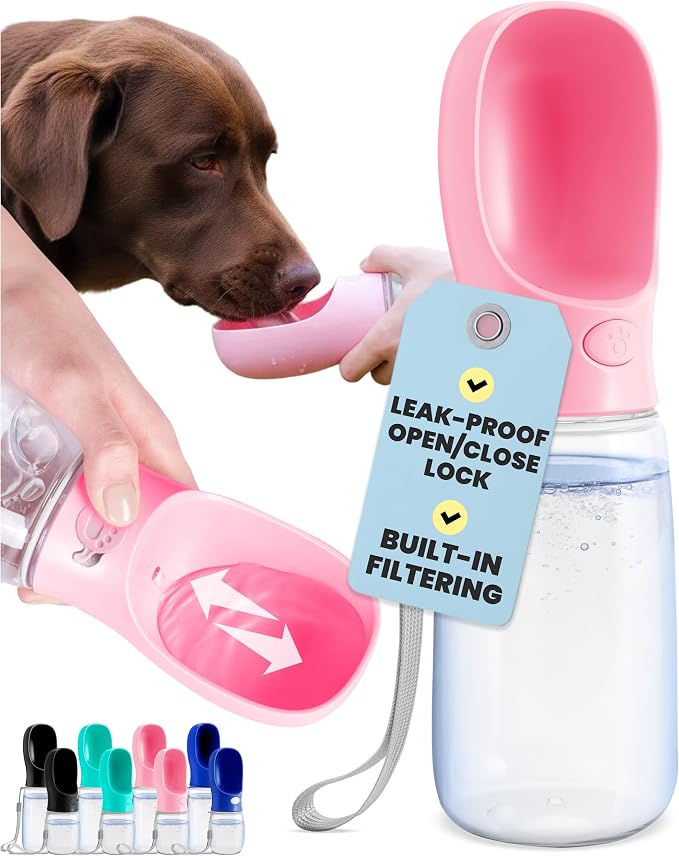 MalsiPree Leak-Proof Portable Dog Water Bottle for Travel - 19 oz, with Pink Bowl - Food Grade Plastic - Dog Bowls - Puppy Essentials - Pet Water Bottle for Trail Hiking, Park Visit & Beach Days