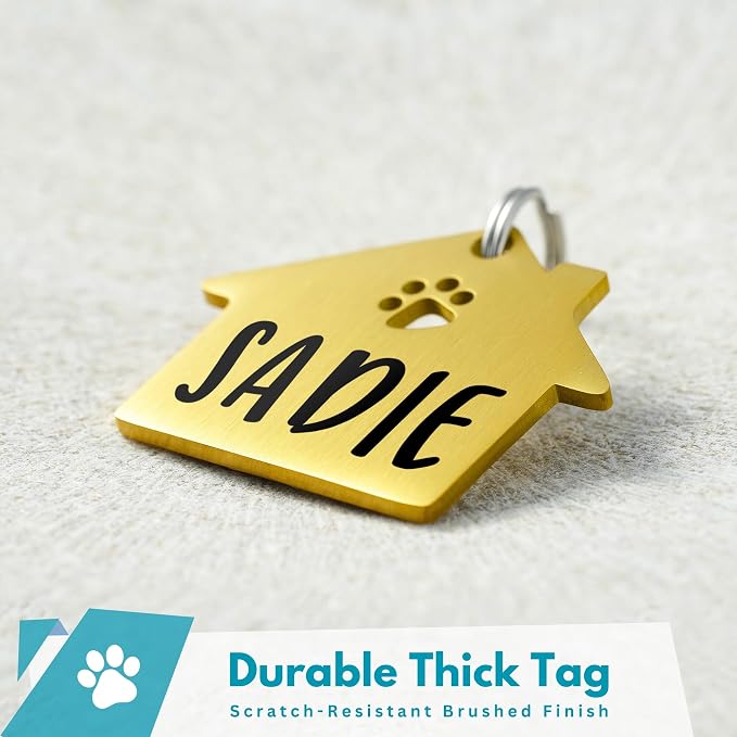 Ultra Joys Dog Tags Personalized for Pets - Hollow Paw Custom Pet ID Tag - Engraved Dog Tag for Small, Large Dogs - Large House in Gold