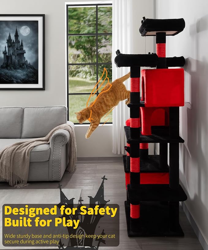 Gothic Cat Tree, 71 Inch Heavy Duty Cat Trees for Large Cats | Tall Cat Tree Tower with Extended Base, 2 Condos, 3 Perches, 9 Sisal Posts & Hammock for Indoor Adult Cats, Black Red