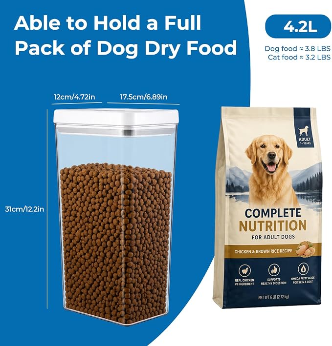 UFORU Dog Food Storage Container, 4.4-Quart Airtight Cat Food Container | Twist-Lock Seal, Kibble and Treats, BPA-Free Plastic, Stackable Design, Kitchen and Pantry Organization, One-Touch Opening