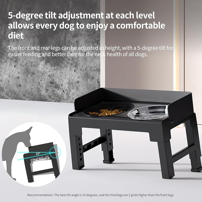 Elevated Dog Bowls for Medium and Large Dogs, Spill-Proof Tiltable Dog Feeder with Slow Feeder Bowl and Stainless Steel Water Bowl, 6-Height Adjustable Raised Dog Bowl Stand