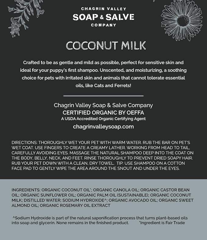 Chagrin Valley Soap & Salve Organic Natural Dog & Pet Shampoo – Unscented & Moisturizing for Dogs with Dry, Sensitive or Itchy Skin – Coconut Milk Conditions the Coat - 3.8 OZ Bar 3PK
