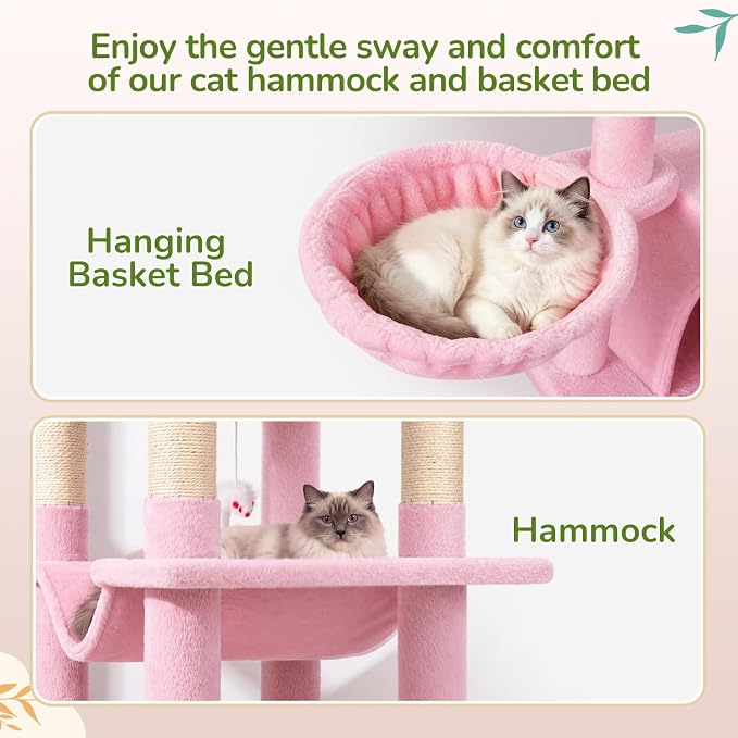 Globlazer 66in Pink Corner Cat Tree Tower for Indoor Large Cats, C66, Pink | Space-Saving Stable Cute Cat Tower with 6 Scratching Posts, 2 Large Fan-shaped Condos & Top Perch, Hammock, Climbing Steps