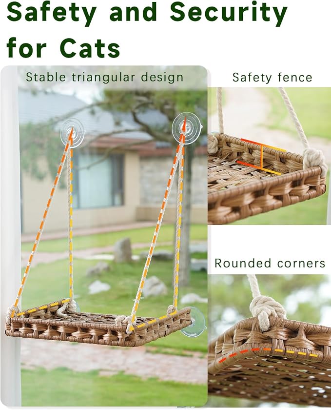 SETVSON Cat Window Perch 2 Pack, Handwoven PE Rattan Hammock, Natural | 2 Pack PE Rattan Window Hammock with 4 Suction Cups, 2.3" Safety Fence, Washable Double Sided Cushion, Steel Frame