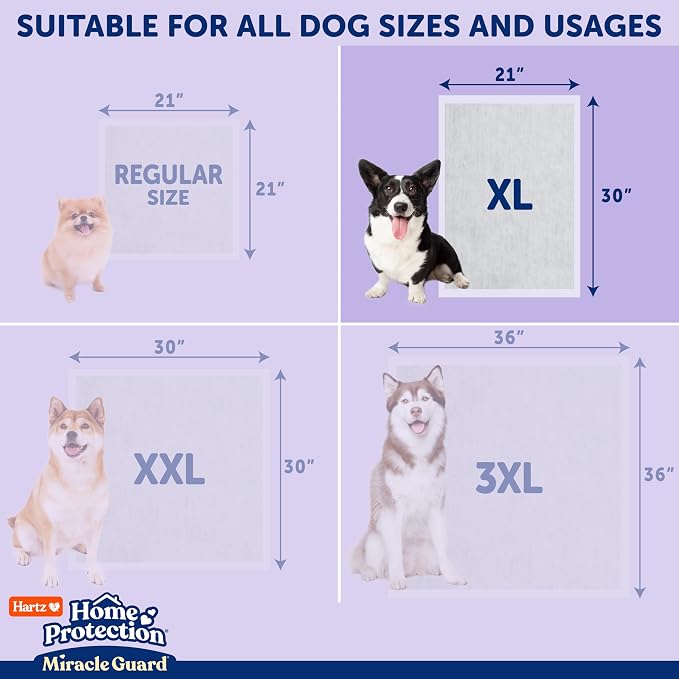 Hartz Miracle Guard Dog and Puppy Dog Pads Max Absorbency 24 Hour Use Odor Eliminating Lavender Scented No Leaks, X-Large Size 30 Count