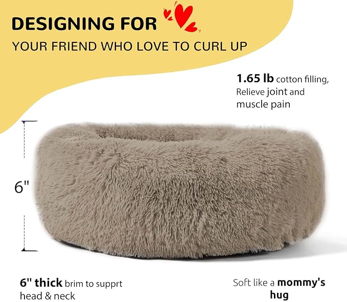 HACHIKITTY Calming Donut Cuddler Dog Bed, Round Fluffy Pet Bed with Sewn-in Cushion for Large Dogs,Washable, Large, Taupe, 23''