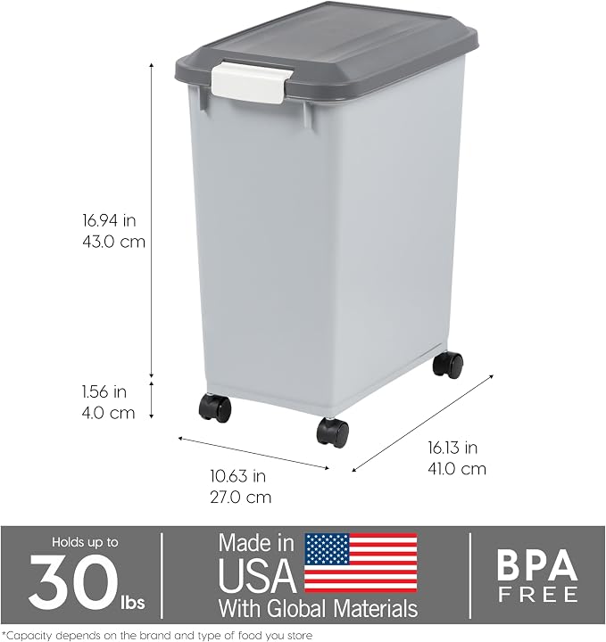 IRIS USA Dog Food Storage Container, Up to 30 lbs, Gray/Dark Gray | Made in the USA, Comes w/ Wheels & 2-Cup Scoop, Airtight Seal, BPA-Free, Kibbles, Bird Seed, Cat food, Cat Litter, Pellets