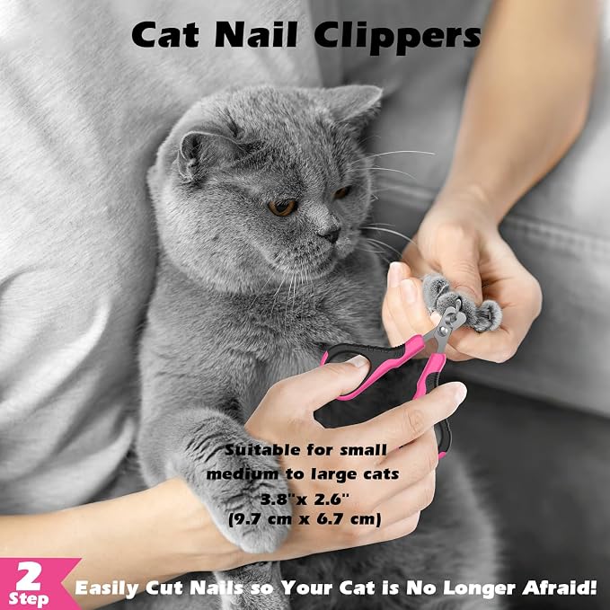 3PCS Cat Grooming Supplies, Cat Brush & Nail Clipper/Trimmer & Flea Comb for Shedding Indoor Cats Essentials Stuff Accessories (Pink)