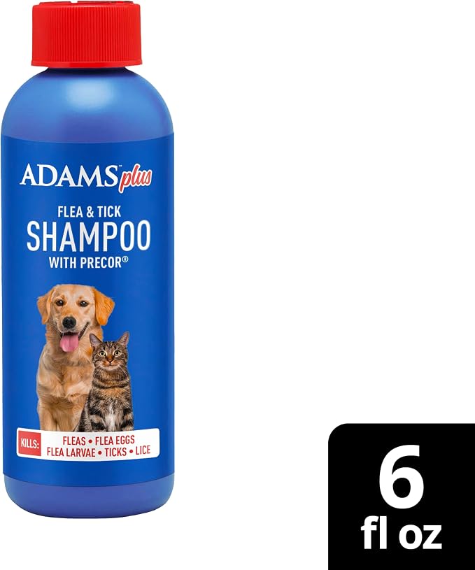 ADAMS Plus Flea & Tick Shampoo with Precor for Dogs, Cats, Puppies & Kittens, Flea Shampoo to Treat Infestations, Kills Ticks, Fleas, Flea Eggs & Lice, Cleans and Conditions Coat, 6 Ounces