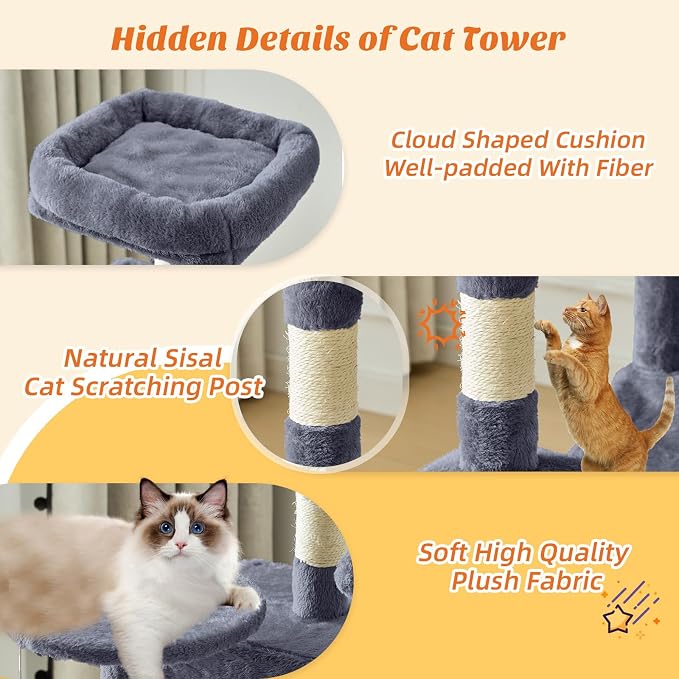 DUMOS 44 Inch Cat Tree Tower with Natural Sisal Scratching Posts | Small Cat Tree with Hammock, Pet Condo for Indoor Cats and Kittens Play, Dark Grey