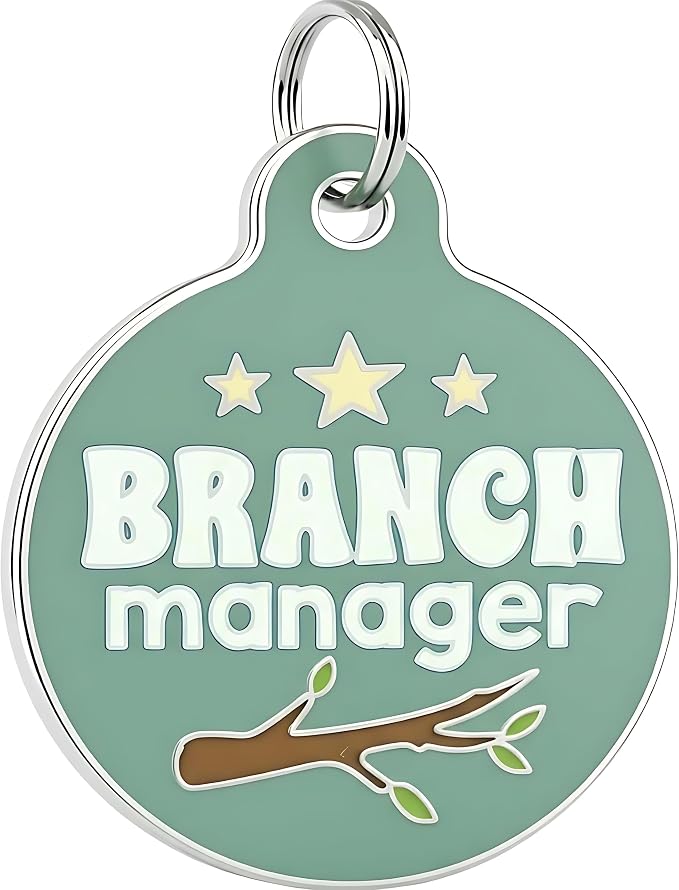 Bad Tags Personalized Dog and Cat ID Tags in 25+ Designs and 2 Sizes - 5 Lines of Custom Engraved Text - Funny Cute Personalized Pet Tags (Branch Manager, Small (1 inch))