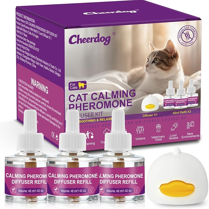 Cheerdog Cat Pheromones Calming Diffuser Relieve Anxiety Stress Cat Calming Diffuser Comfort for Cats 3 Refills, Reduce Fighting and Scratching Calm Relaxing Fits All Cats (1)