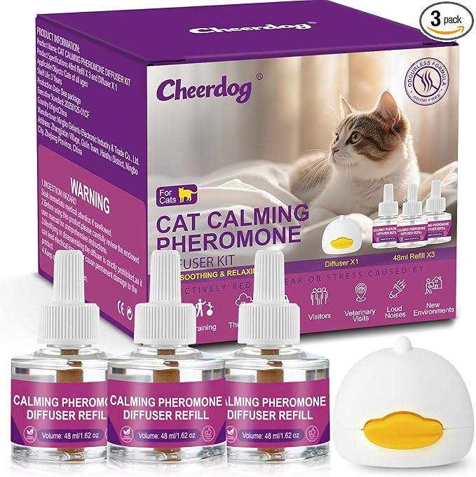 Cheerdog Cat Pheromones Calming Diffuser Relieve Anxiety Stress Cat Calming Diffuser Comfort for Cats 3 Refills, Reduce Fighting and Scratching Calm Relaxing Fits All Cats (3)