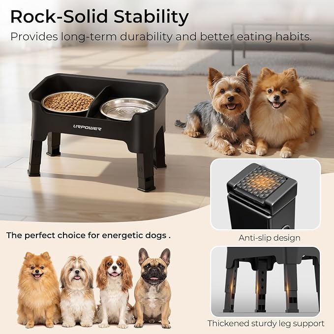 URPOWER Mess Proof Elevated Dog Bowls, High Wall Splash Guard Design, 4 Height Adjustable Raised Bowl Stand, 2 Stainless Steel Bowls, Non-Slip Food Water Set for Small Dogs