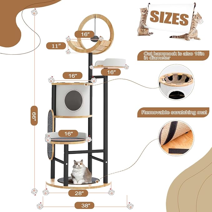 66'' Corner Cat Tree, Heavy Duty Multi-Level Cat Tree Tower with Scratching Post, Large Platform, Hammock, Dangling Ball, Carbon Steel Material Cats Condo for Large Cats 20 lbs