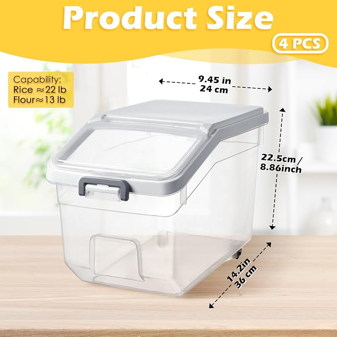 Sunnyray 4 Pcs Rice Storage Container 22 lb Airtight Flour Container with Wheels Measuring Cup Clear Pet Food Cube Dog Cat Birds Food Bin Grain Cereal Organizer Box for Dry Baking Supplies(White Lid)
