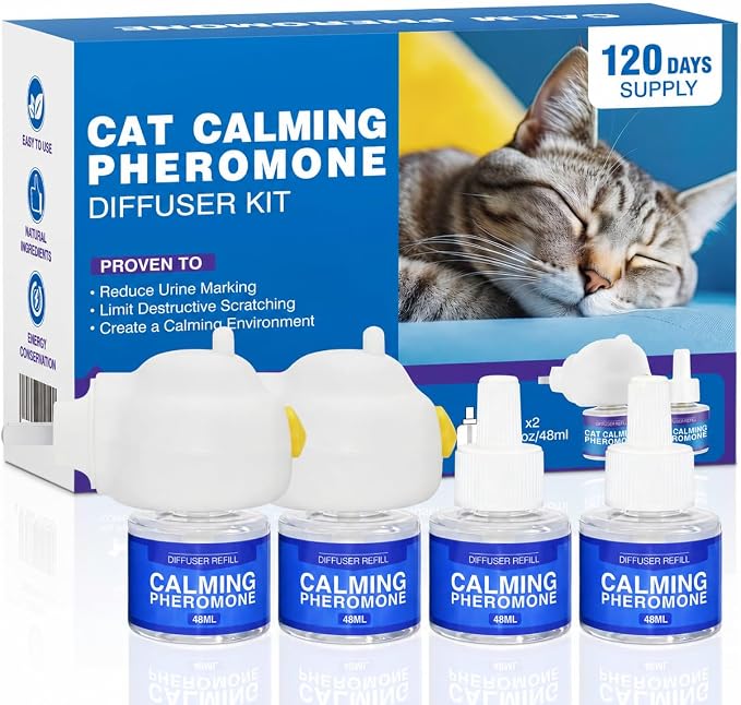 Cat Calming Pheromone Diffuser Stop Scratching Spraying 4 Refill 120 Days | Effectively Relieve Anxiety Stress, Helps Reduce Cats Urinating in House, Spraying, Fighting & Marking, 2 Diffuser+ 4 Refills