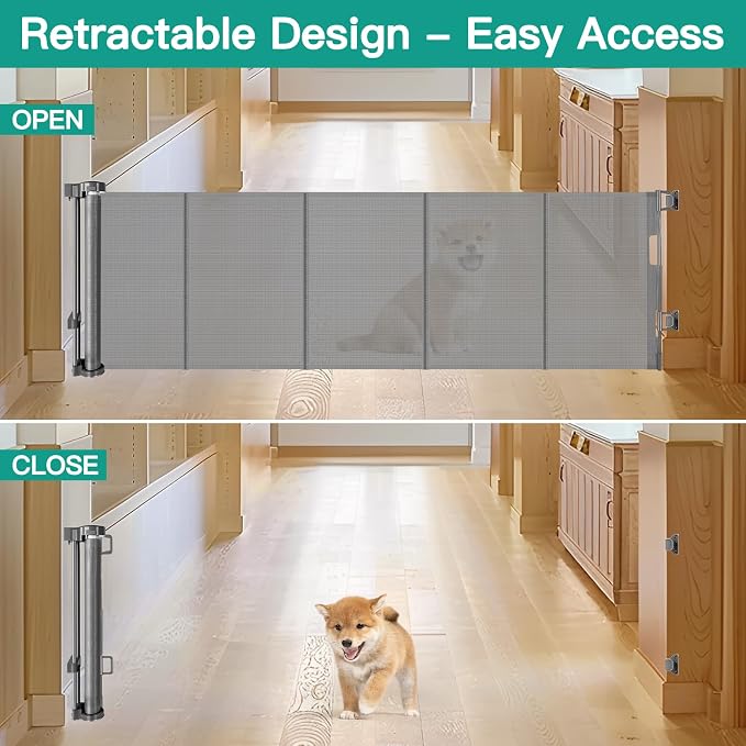 20 Inch Tall x 80 Inch Extra Wide Short Dog Gate to Step Over, Small Dog Gate for The House, Short Pet Gate Indoor Outdoor Puppy Gates for Doorways Mesh Doggie Gates for Wide Openings (Gray)