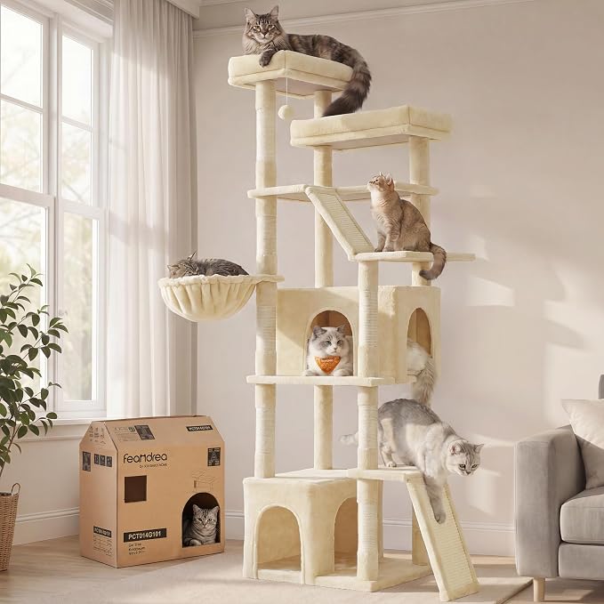 Feandrea 72.6-Inch Tall Cat Tree Tower for Indoor Extra Large Cats, Scratching Posts, Scratching Boards, Multi-Level Design, Beige UPCT014Y101S