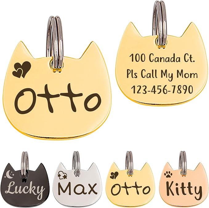 Anavia Cat Head & Fish Shape Pet ID Tags, Personalized Funny Icon Design Cat Name Tag, Customized Gold Plated Glossy Stainless Steel Black Rainbow Cat Dog Collar Tag (Small, Cat Head Shape, Gold)