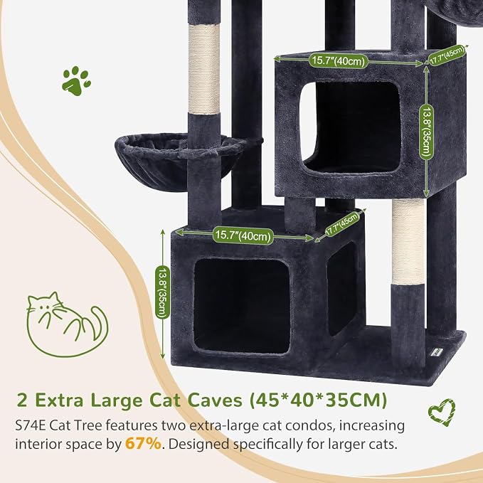 Globlazer S74E Pro Heavy Duty Maine Coon Cat Tree for Large Cats, Dark Grey | 74in Sturdy Multi-Level Tall Cat Tree Tower for Indoor Adult Cats with Scratching Posts, 2 Cat Condos, 2 Top Perches
