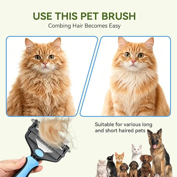 Deshedding Dog Brush, Undercoat Rake for Cats & Dogs, Pet Pro Grooming Tool | 3-in-1 Non-Slip Handle, Effectively Removes Mats Tangles & Loose Fur, Reduces Shedding for Long Short Hair Pets, Blue