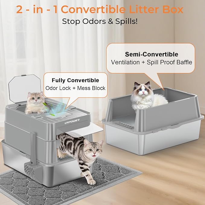 URPOWER Stainless Steel Cat Litter Box with 110° Flip-Top Lid, XL Enclosed Metal Litter Box for Large Cats, Odor Control, Anti-Urine Leakage, Non-Stick Pan, Front Entry Top Exit, Scoop & Mat Included