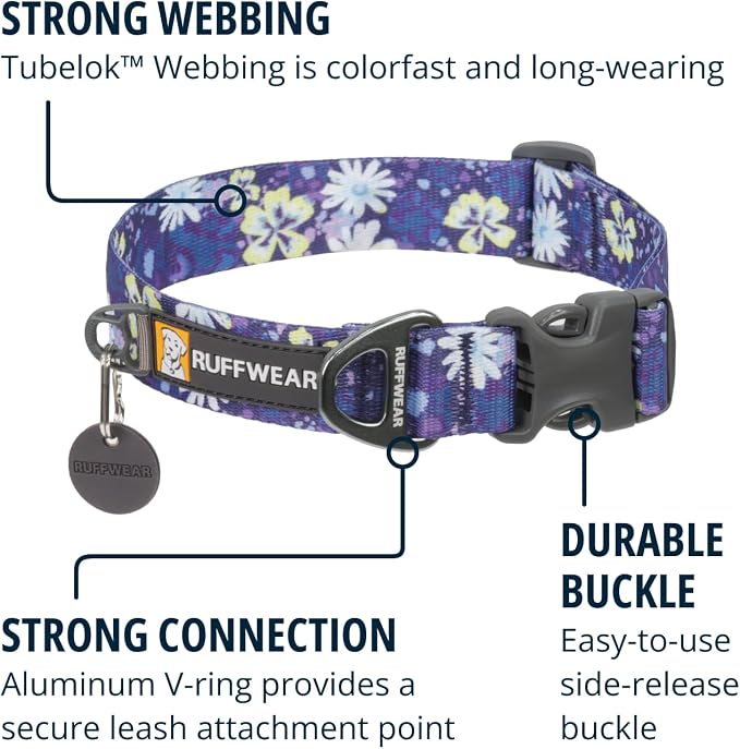 Ruffwear, Front Range Dog Collar, Adjustable Tubelok Webbing, Lightweight, Side Release Buckle, Aluminum V-Ring, Durable for Everyday Use, Wildflower, 20"-26"
