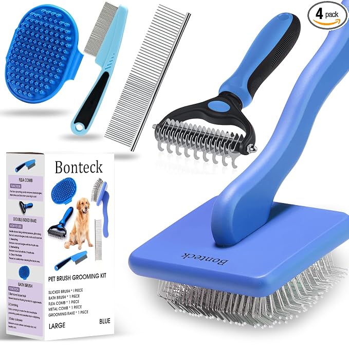 Bonteck Dog Slicker Brush for Dogs Grooming Kit 5PCS | Large Dog Brush for Goldendoodles Poodles Doodles | Long Pin Haired Brush | Poodle Brushes and Comb (Blue)