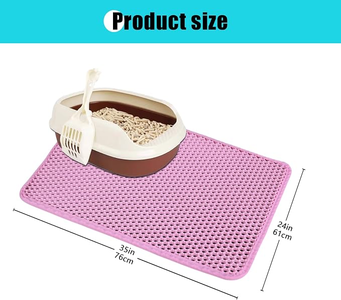 Cat Litter Mat 30"x24", Double Layer Waterproof Litterbox Mat, Pink | Non-slip backing, washable for easy cleanup, traps stray litter with waterproof honeycomb large grid that is urine-proof.