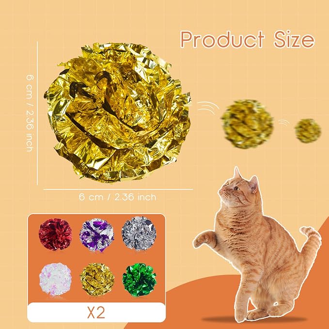 Andiker Cat Crinkle Balls, 2.36 Inches 6 Colors 12pcs Cat Balls Chew and Chase Kitten Mylar Crinkle Ball Lightweight Cats Toys for Indoor Cats to Keep Fit and Active(12pcs)