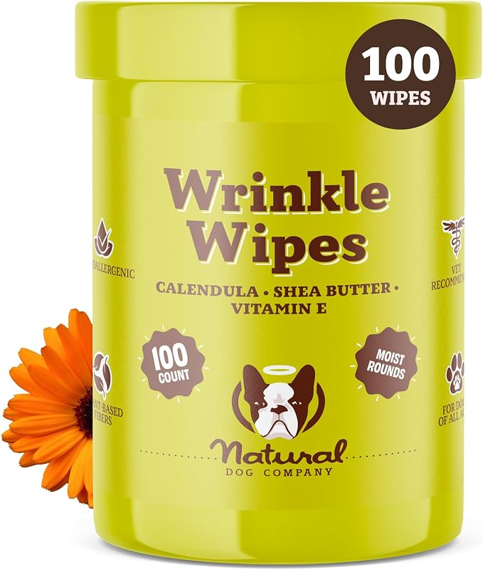 Natural Dog Company Wrinkle Wipes for Dogs, 100 Count, Hypoallergenic, Cleaning & Deodorizing, for Grooming Faces, Paws & Butts