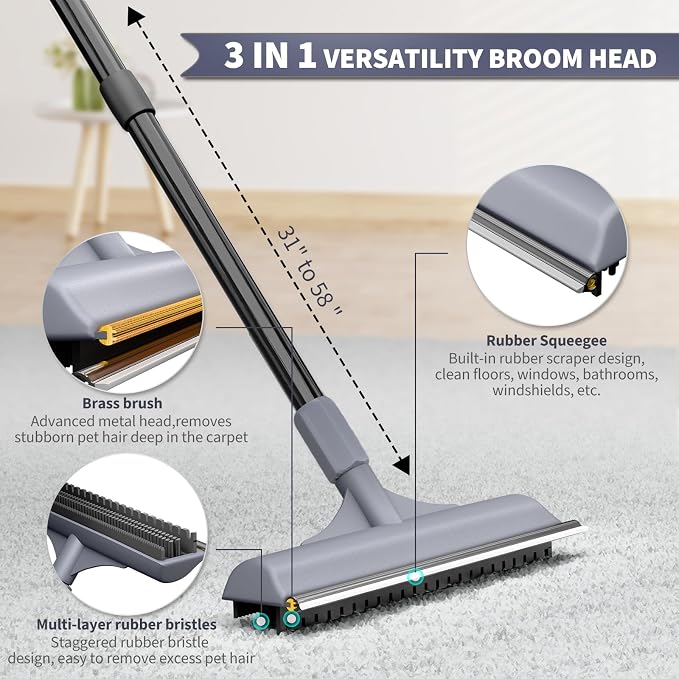 Carpet Rake for Pet Hair Removal - Reusable Dog & Cat Hair Remover with 58" Reinforced Steel Handle, 3-in-1 Professional Modular Rug Rake & Scraper Tool for Shag Rugs, Couch, Stairs (Gray)