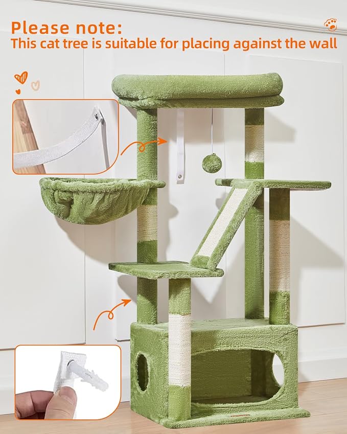 Taoqimiao Cat Tree, 38.5In Cat Tower for Indoor Cats, Suitable for Kittens | Thick Padded Top Perch, Luxurious Cat Condo, Adjustable Basket, 1-Piece Ramp Scratcher, 3 Sisal Posts, Green, MS029SGR