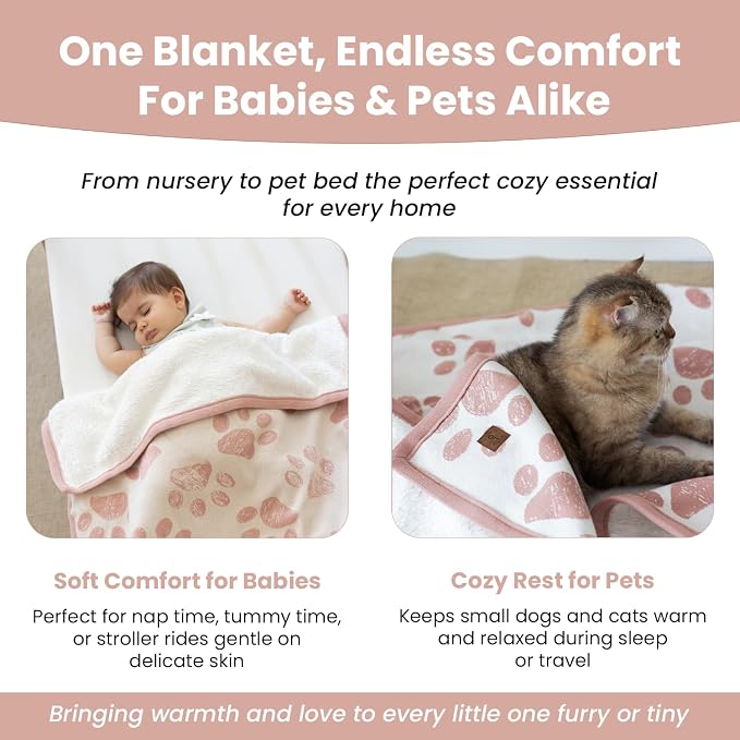 Baby & Pet Blanket 100% Cotton with Sherpa Fleece – Soft Stroller Blanket for Baby, Dog & Cat – Breathable, Hypoallergenic, Washable – 76×96 cm Pink Beige
