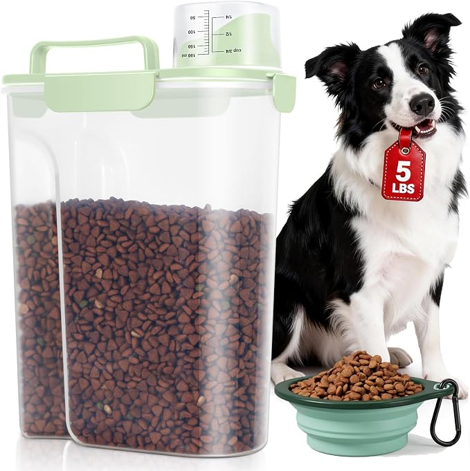 TBMax Travel Dog Food Storage Container 5 lbs with Dog Bowl, Airtight Pet Cat Food Storage Dispenser with Large Spout & Measuring Cup for Kibble Dog Treat Bird Seed Container -Green