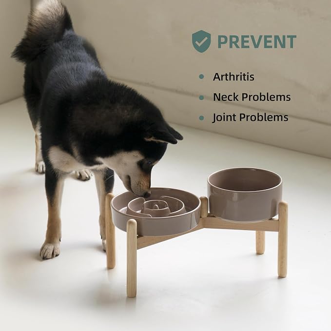 Havniva 7.3” Raised Slow Feeder Dog Bowls Set, 1.2 Cups Ceramic Slow Feeder Dog Bowl and 6.1” Dog Water Bowl with Elevated Wooden Stand Puzzle Dog Food Bowl for Small Dogs Anti-Gulping & Anti-Choking