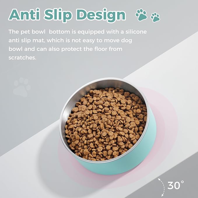 WENBOKMIN Dog Bowl, Stainless Steel Dog Food and Water Bowl with Non Slip Quiet Bottom, Easy to Clean, Dishwasher Safe, 64oz, Mint Green