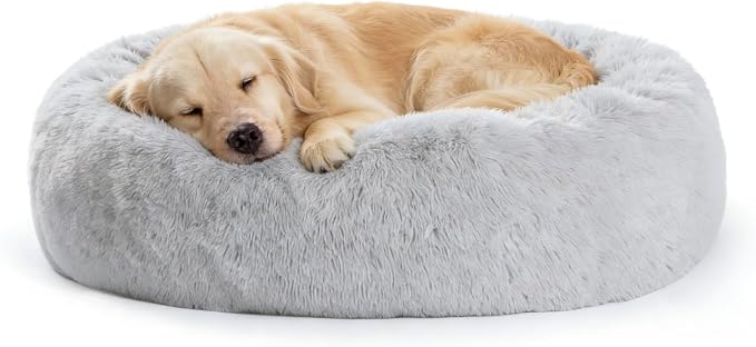 SAVFOX 36 inches Calming Donut Dog Bed - 3X Durable Plush Faux Fur, Machine Washable & Non-Slip, Fits up to 100 lbs, Light Grey